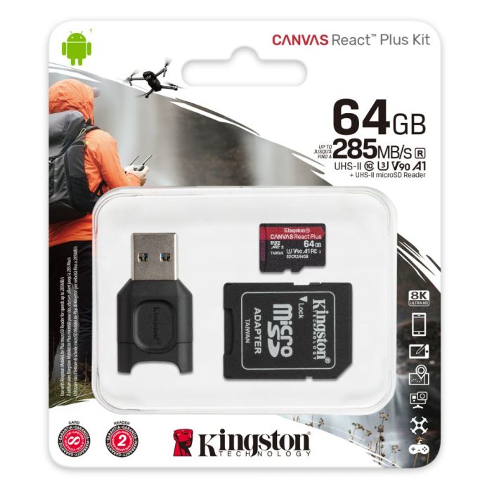 KINGSTON 64GB MICRO SD REACT PLUS W/ADAPTER+READER (MLPMR2/64GB)