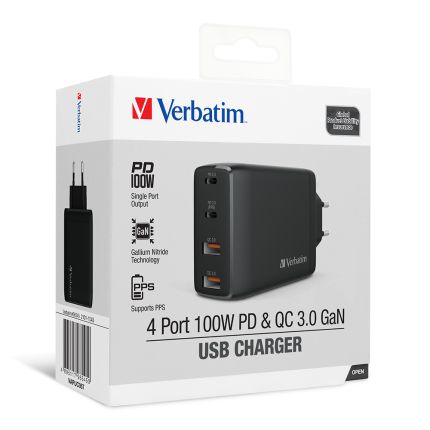 VERBATIM 4-PORT 100W WITH TYPE-C PD + QC 3.0 USB CHARGER -BLACK #66545