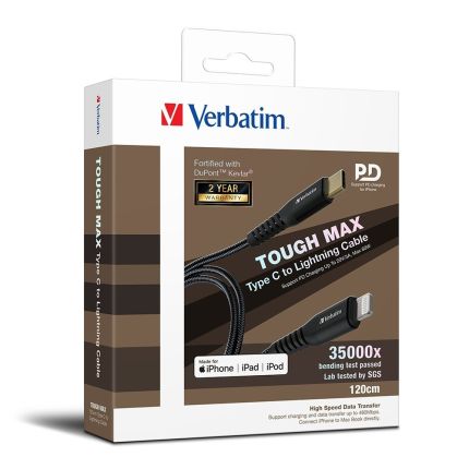 VERBATIM 120CM TYPE-C TO LIGHTNING CABLE TOUGH MAX MFI KEVLAR-BLACK #66048