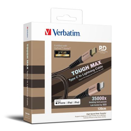VERBATIM 120CM TYPE-C TO LIGHTNING CABLE TOUGH MAX MFI KEVLAR-GOLD #66049