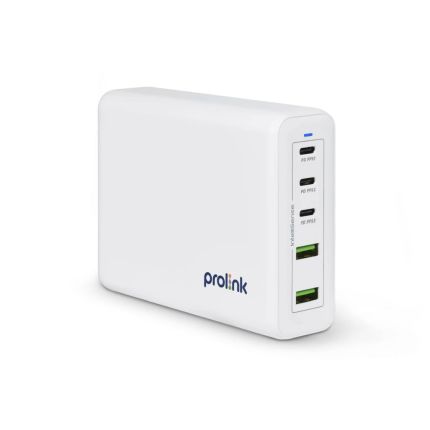 PROLINK GD-520001 5-PORT 200W GaN PD DESKTOP CHARGER WITH INTELLISENSE (3x USB-C PD3.0 / 2x QC3.0) -WHITE