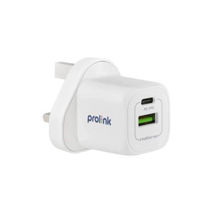 PROLINK GT-22003 2-PORT 20W GaN WALL CHARGER (1x USB-C PD PPS / 1x USB-A QC3.0)