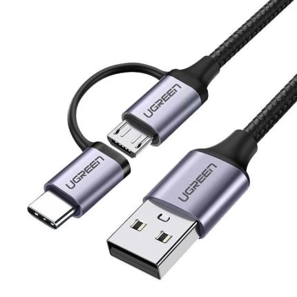 UGREEN 1M USB-A TO MICRO USB + USB-C BRAIDED CABLE - GRAY #30875