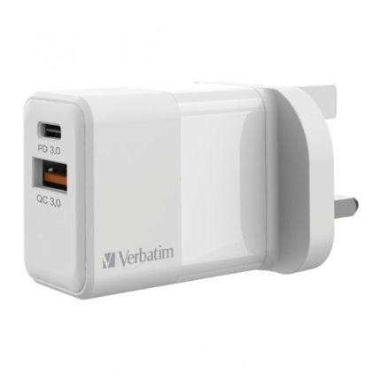 VERBATIM 2-PORTS 20W PD &amp; QC3.0 CHARGER (WHITE) (UK 3-PIN) #66633