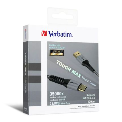 VERBATIM 120CM USB TO TYPE-C TOUGH MAX E-MARKER KEVLAR CABLE-GREY #65989