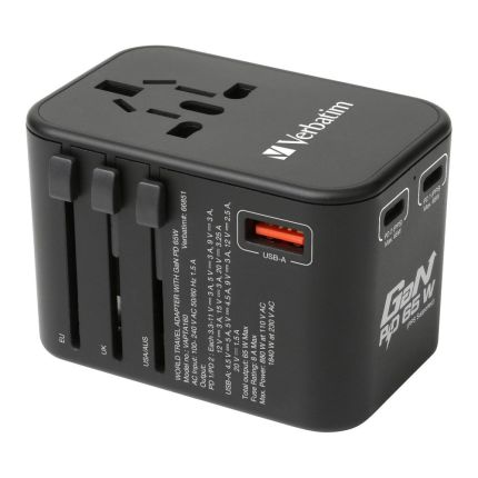 VERBATIM 3-PORTS 65W GaN UNIVERSAL PORTABLE ADAPTER 2xPD (65W Max) and & 1xUSB QC (30W Max) -(BLACK) (CAN CHARGE LAPTOP)- #66851