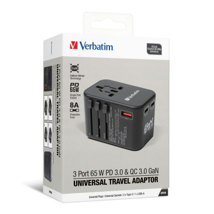 VERBATIM 3-PORTS 65W GaN UNIVERSAL PORTABLE ADAPTER 2xPD (65W Max) and &amp; 1xUSB QC (30W Max) -(BLACK) (CAN CHARGE LAPTOP)- #66851