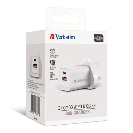 VERBATIM 2-PORTS 33W GaN CHARGER WITH PD/PPS &amp; QC3.0 -(WHITE) #66791