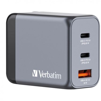 VERBATIM 3-PORT 65W GAN CHARGER USB-A / TYPE-C (EU/UK/US) INTERHCHANGABLE HEAD CAN CHARGE LAPTOP (GNC-65) #33201