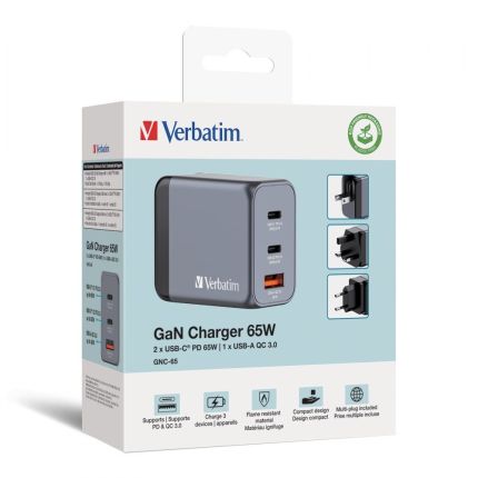 VERBATIM 3-PORT 65W GAN CHARGER USB-A / TYPE-C (EU/UK/US) INTERHCHANGABLE HEAD CAN CHARGE LAPTOP (GNC-65) #33201