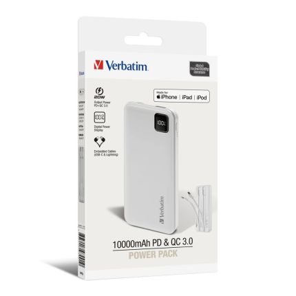 VERBATIM 10,000MAH POWER BANK WITH BUILT IN CABLES PD20W QC 18W &amp; SUPERCHARGE 22.W - WHITE #67001