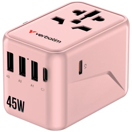 VERBATIM 5-PORT 45W TRAVEL ADAPTER - PINK #30175
