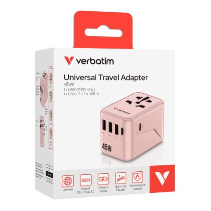 VERBATIM 5-PORT 45W TRAVEL ADAPTER - PINK #30175